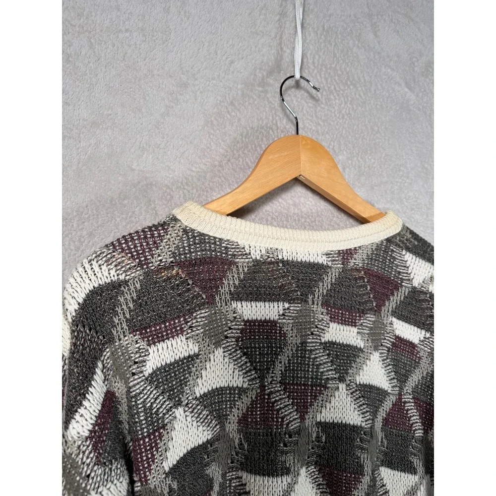 Vintage Jantzen Mens Geometric Intarsia Knit Sweater Grey Burgundy Made in USA L